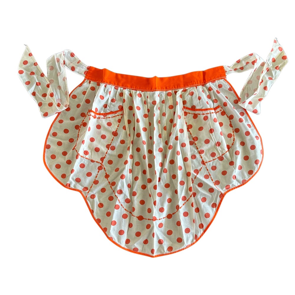 Vintage Orange Polka Dot Half Apron Scalloped Hem MCM Pockets Retro Cottagecore